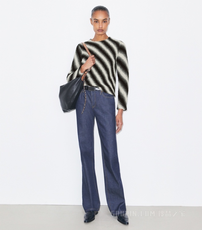 条纹开领羊毛毛衣 象牙白/黑色