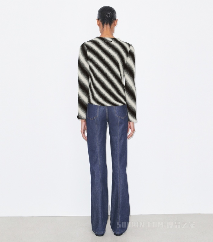 条纹开领羊毛毛衣 象牙白/黑色