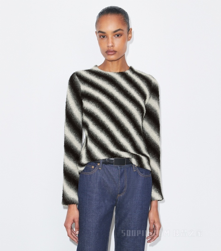 条纹开领羊毛毛衣 象牙白/黑色