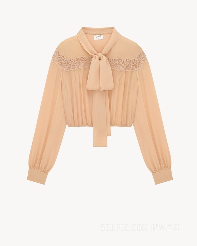 桑蚕丝乔其纱和蕾丝花结衬衫