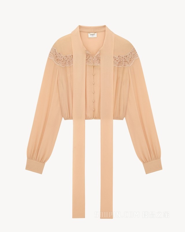 桑蚕丝乔其纱和蕾丝花结衬衫