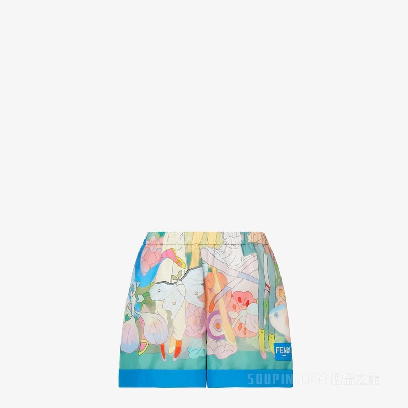 Fantastic FENDI Future短裤 蓝绿色和绿色印花尼龙短裤