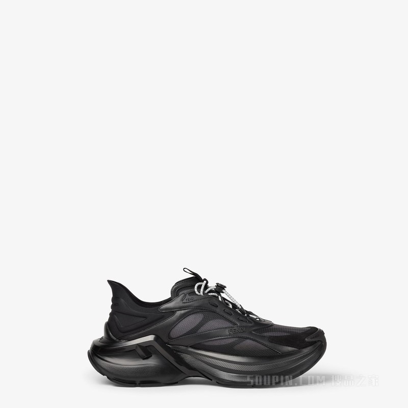FENDI F-Light运动鞋 黑色皮革和网眼布低帮鞋