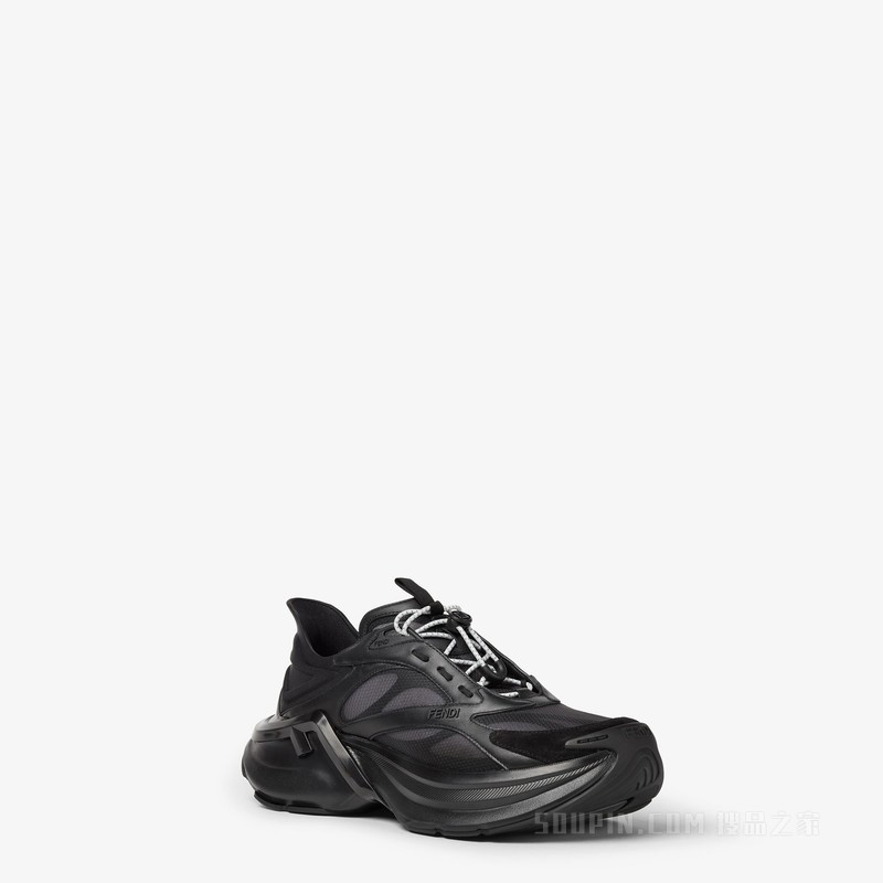FENDI F-Light运动鞋 黑色皮革和网眼布低帮鞋