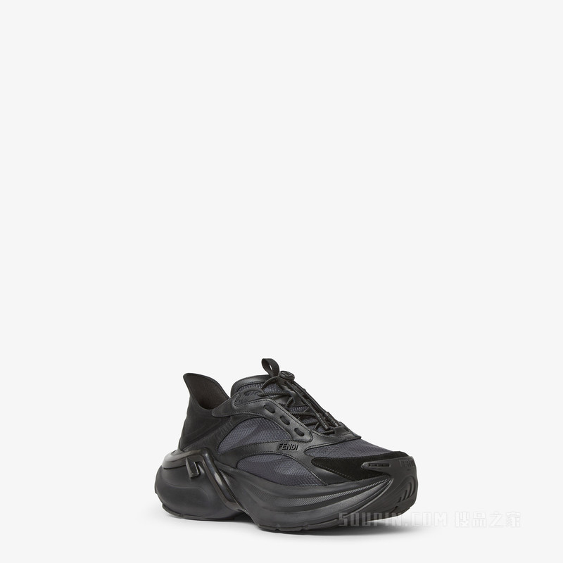 FENDI F-Light 黑色皮革和网眼布低帮鞋