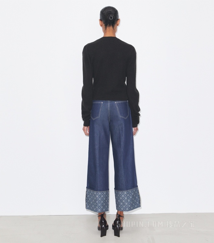 撞色裤脚直筒牛仔裤 原色