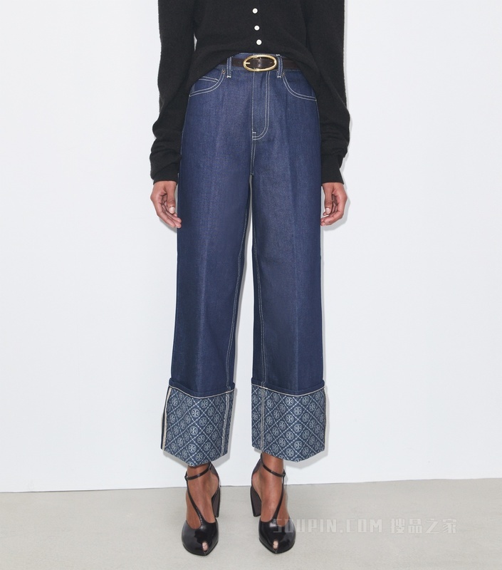 撞色裤脚直筒牛仔裤 原色