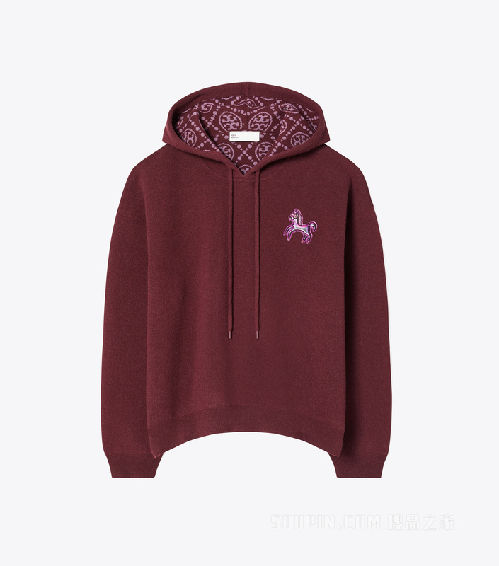 【马年特别系列】短款羊毛连帽衫 深洋红色