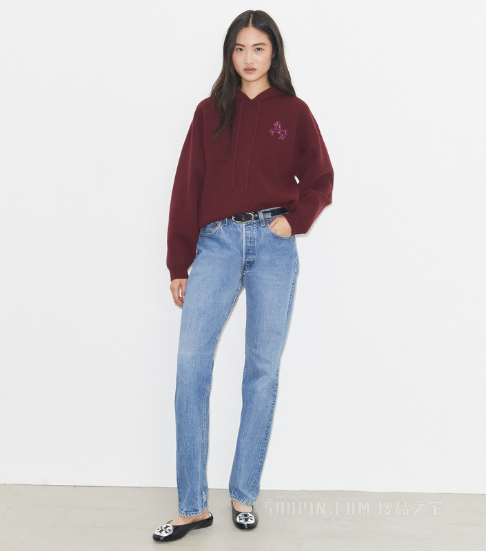 【马年特别系列】短款羊毛连帽衫 深洋红色