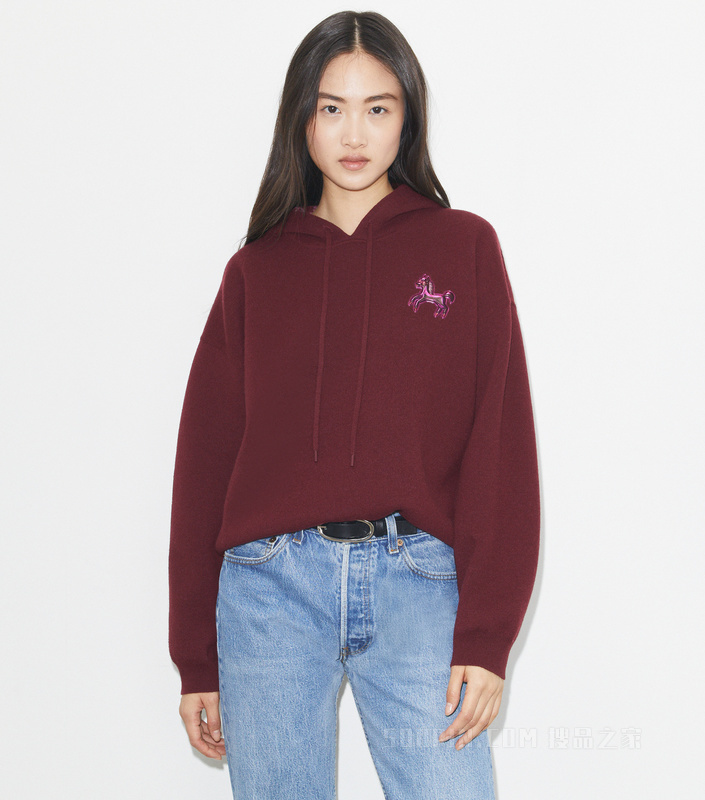 【马年特别系列】短款羊毛连帽衫 深洋红色