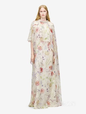 草甸花卉印花不对称披肩式连衣裙
