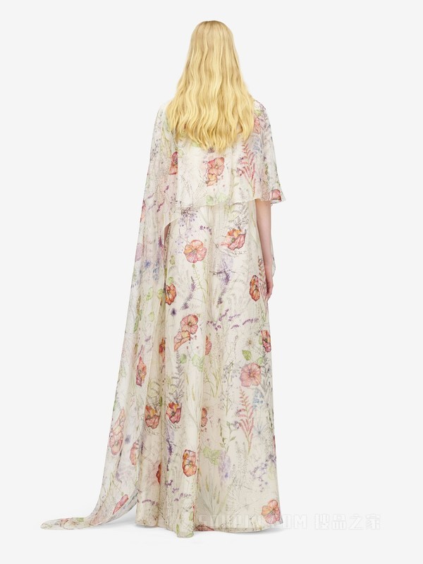 草甸花卉印花不对称披肩式连衣裙