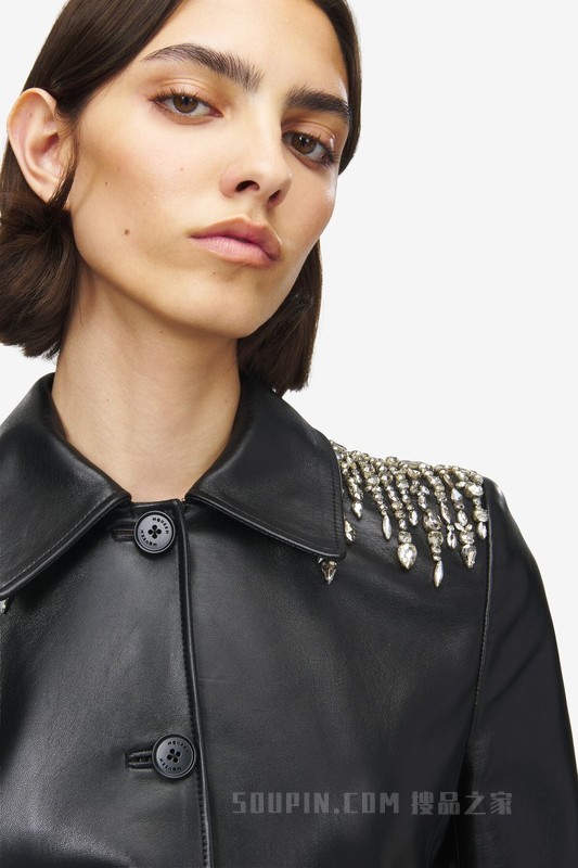 仿水晶刺绣皮革腰饰裙摆夹克