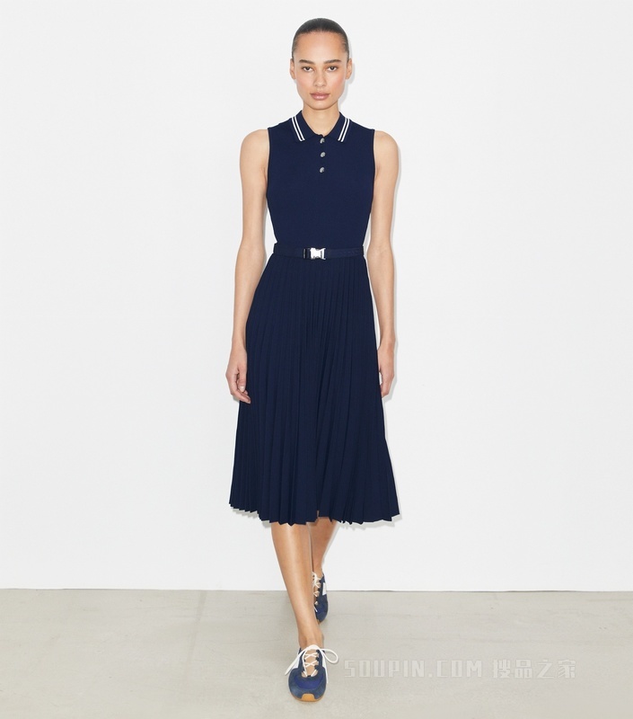 褶裥粘纤连衣裙 Tory 海军蓝