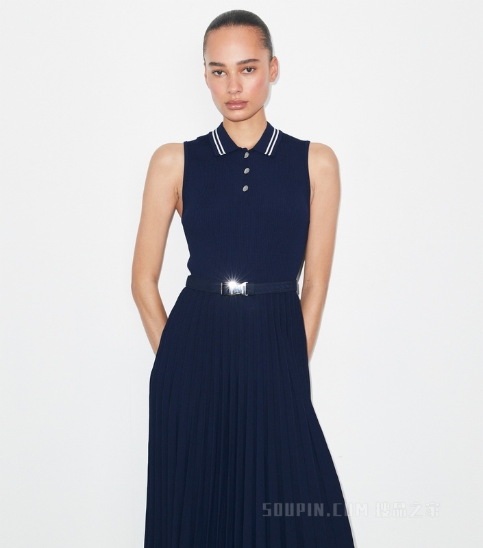 褶裥粘纤连衣裙 Tory 海军蓝