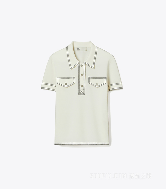 明线设计羊毛 Polo 衫 象牙白