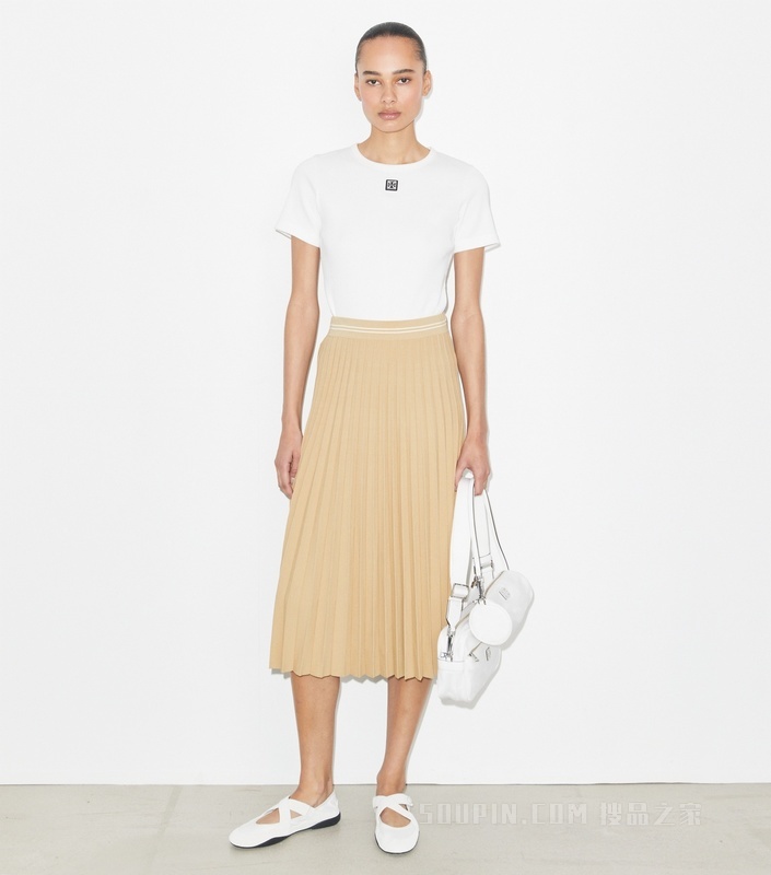 褶裥粘纤半身裙 米色