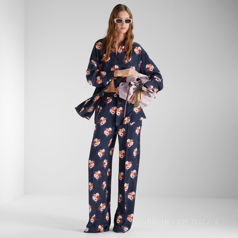 长裤 深蓝色桑蚕丝长裤