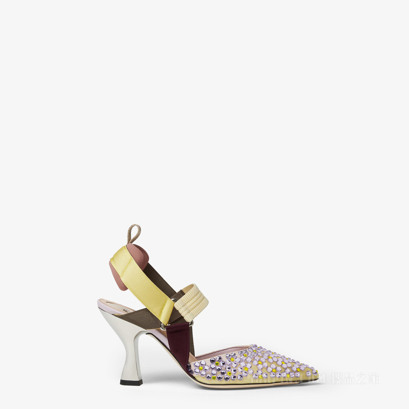 COLIBRI 黄色网眼布和淡紫色水晶高跟露跟凉鞋