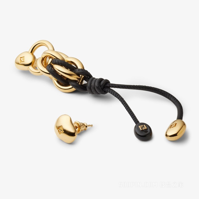 FENDI Candy耳环 金色金属和黑色皮革耳环