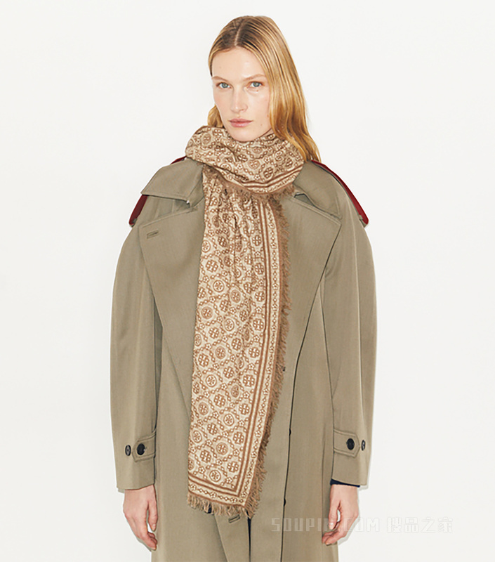 【礼物】T Monogram 花卉图案长方形围巾 以巧克力棕为底色的 T Monogram 图案