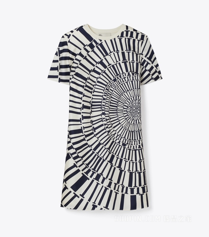 印花桑蚕丝前襟 T 恤连衣裙 雾霭海军蓝