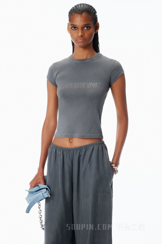 水晶烫钻徽标棉质露脐 T 恤