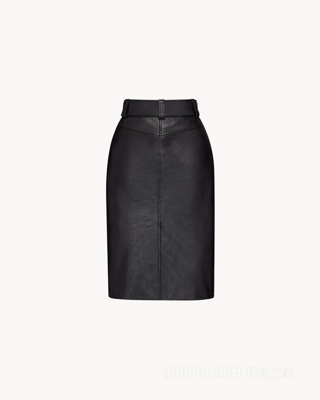 粒面皮革腰带式铅笔裙