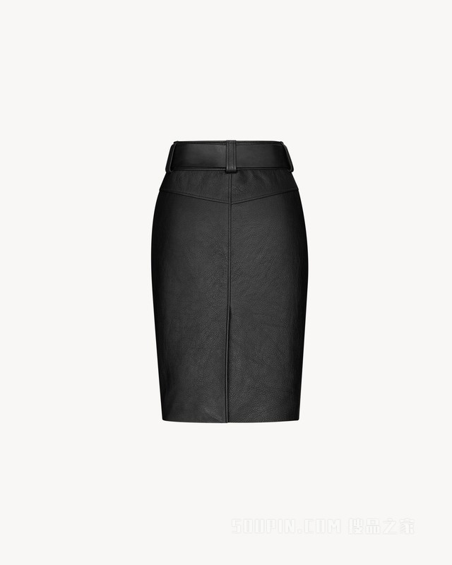 粒面皮革腰带式铅笔裙