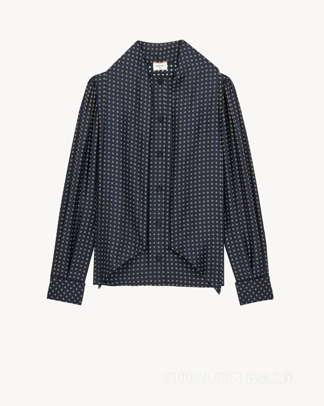 方格桑蚕丝绉背缎花结衬衫