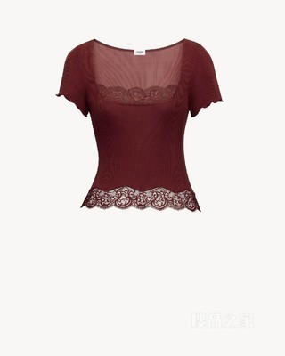 罗纹桑蚕丝平纹针织蕾丝方领T恤