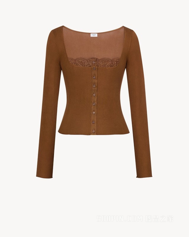 罗纹桑蚕丝平纹针织蕾丝方领上衣