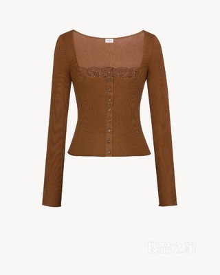 罗纹桑蚕丝平纹针织蕾丝方领上衣
