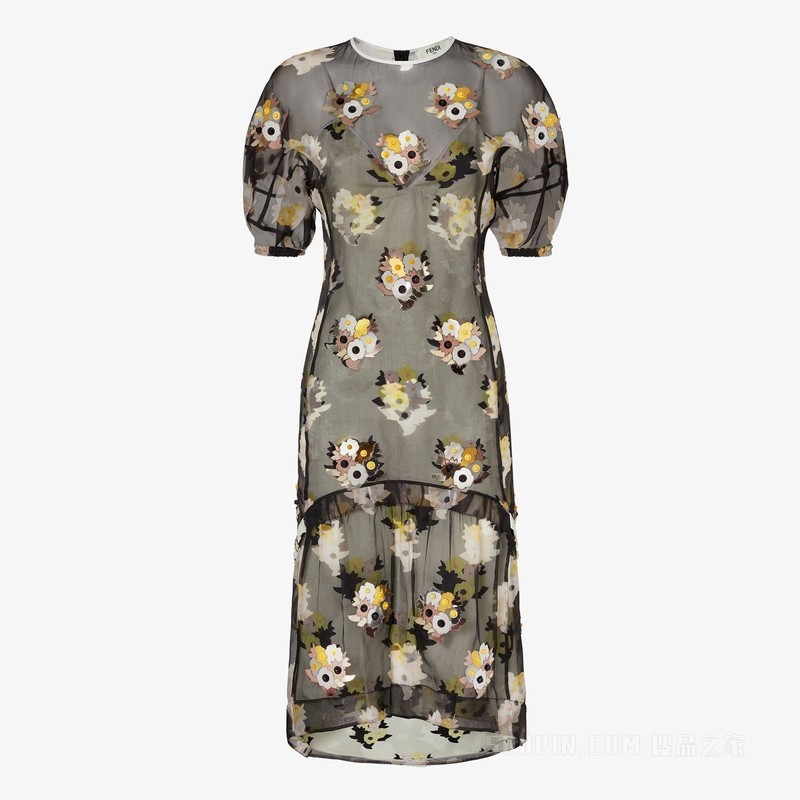 连衣裙 黑色印花欧根纱连衣裙