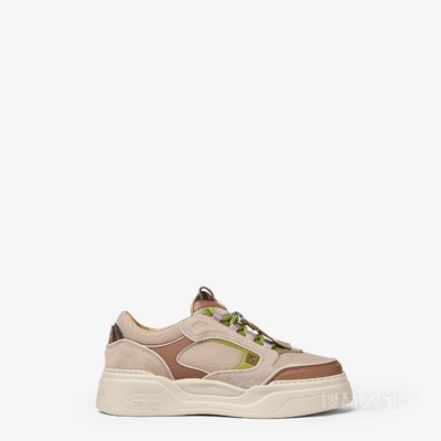 FENDI Force运动鞋 米色网眼布和棕色皮革低帮鞋