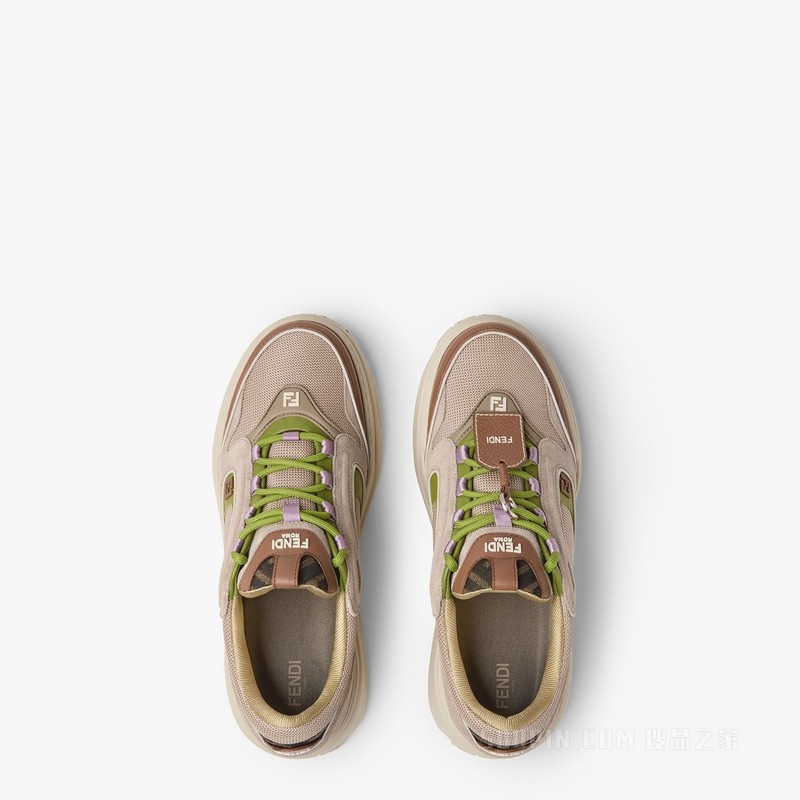 FENDI Force运动鞋 米色网眼布和棕色皮革低帮鞋