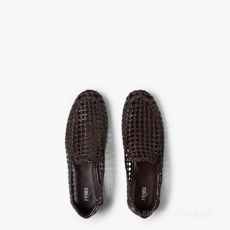 乐福鞋 棕色低光泽皮革编织乐福鞋