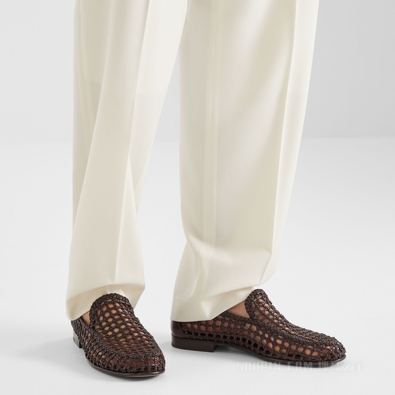 乐福鞋 棕色低光泽皮革编织乐福鞋