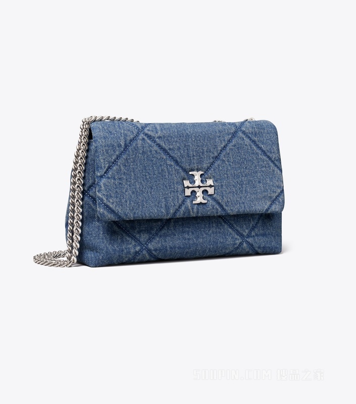 【礼物】Kira 菱格纹绗缝小号牛仔肩背包 蓝色