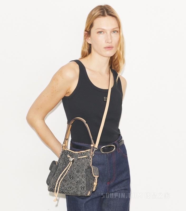 【礼物】T Monogram 牛仔水桶包 黑色