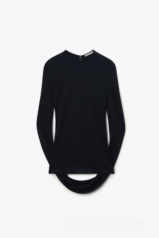 哑光平纹针织布垂褶黑色长袖上衣