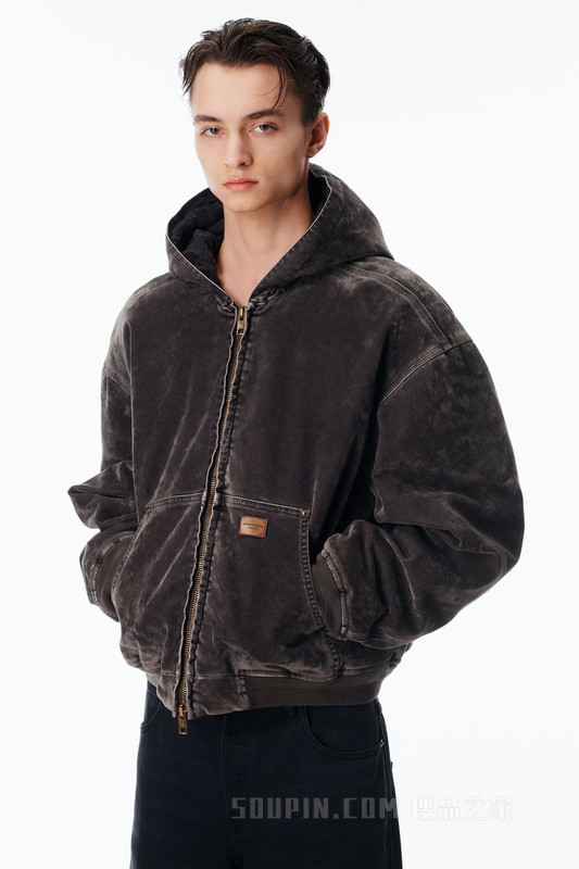 加大款植绒牛仔布木工装连帽衫