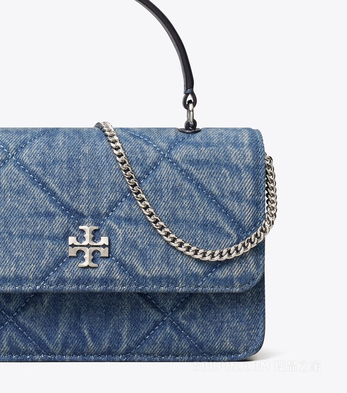 【礼物】Kira 菱格纹绗缝迷你牛仔手提斜挎包 航海蓝