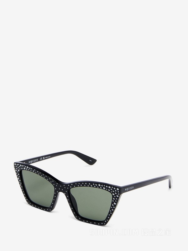 尖角几何猫眼太阳镜，镶嵌水晶