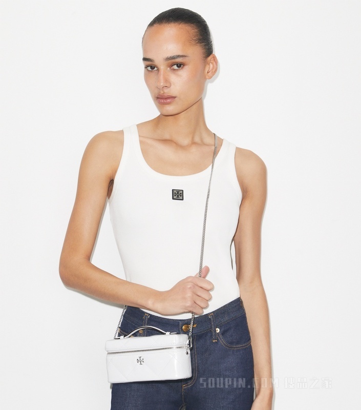 Kira 菱格纹绗缝做旧 Vanity 化妆包 卷云白