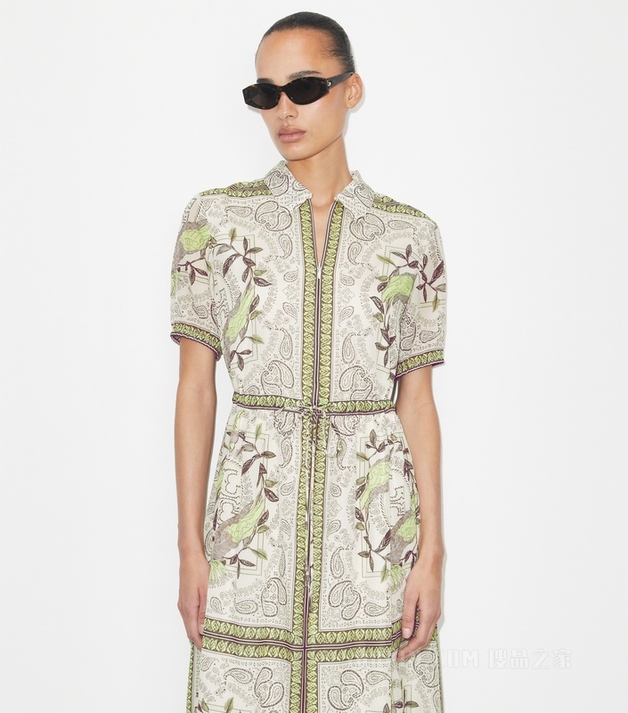 束腰棉质拉链连衣裙 薄荷鹦鹉绿