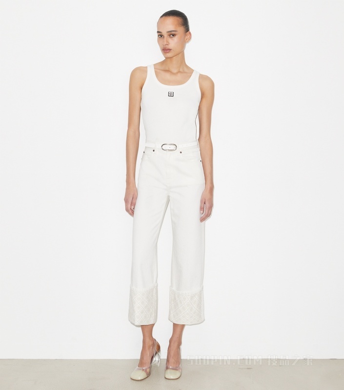 T Monogram 撞色裤脚直筒牛仔裤 白色