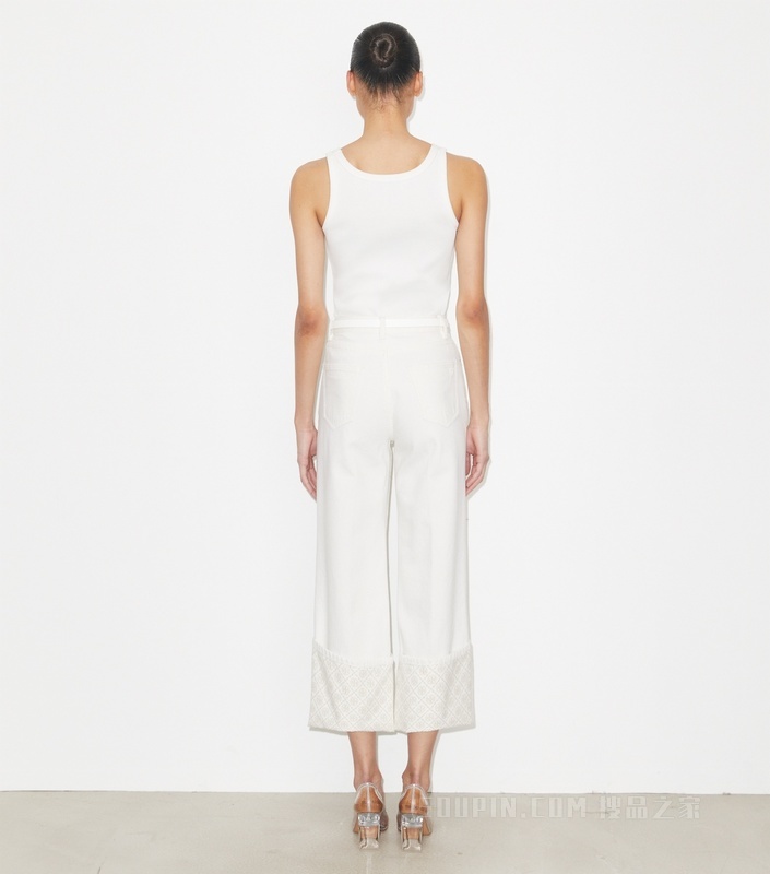 T Monogram 撞色裤脚直筒牛仔裤 白色