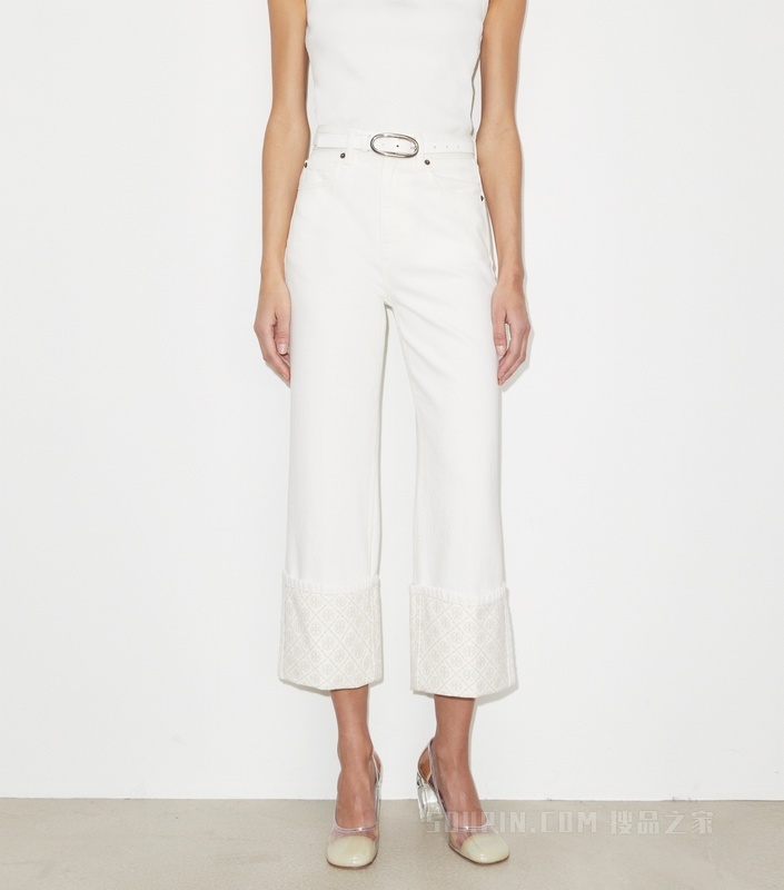 T Monogram 撞色裤脚直筒牛仔裤 白色