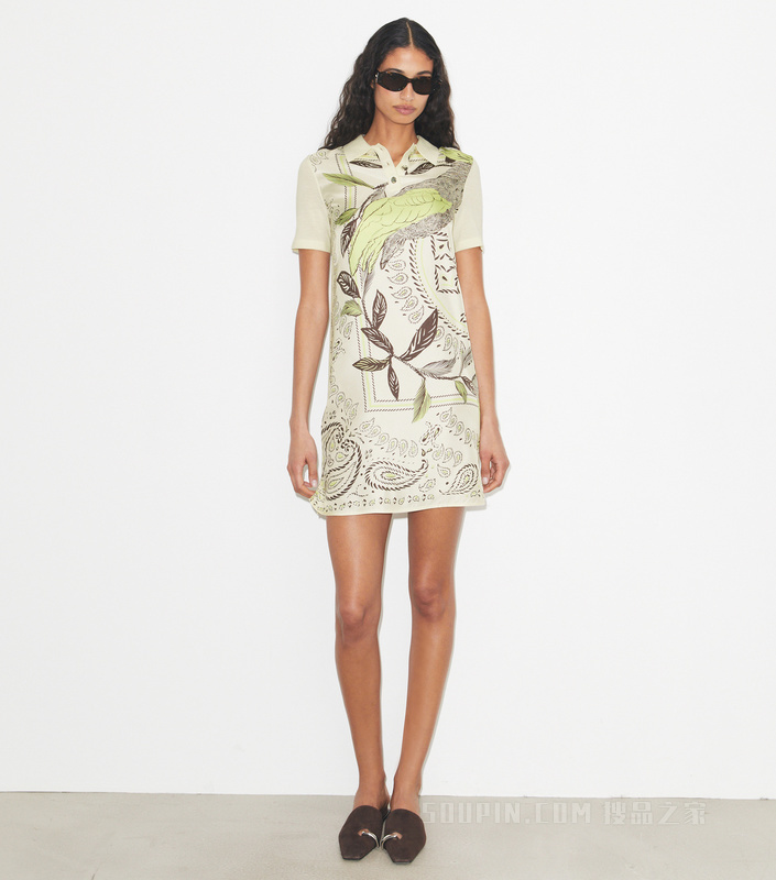 桑蚕丝前襟 Polo 衫式连衣裙 象牙白/薄荷绿